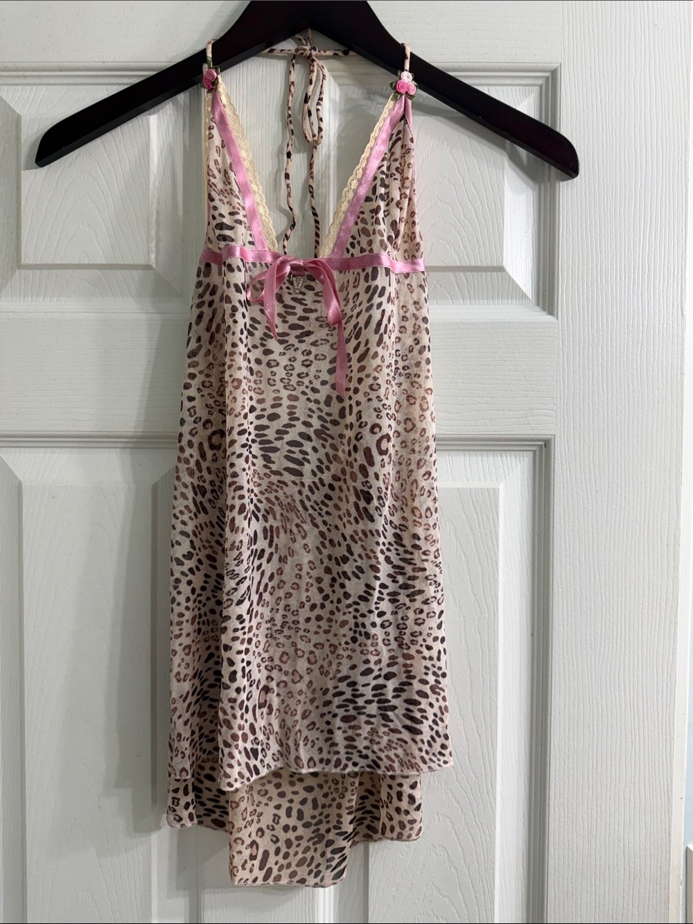 Victorias Secret Leopard Print Lingerie Chemise Pink Rose & Ribbon S